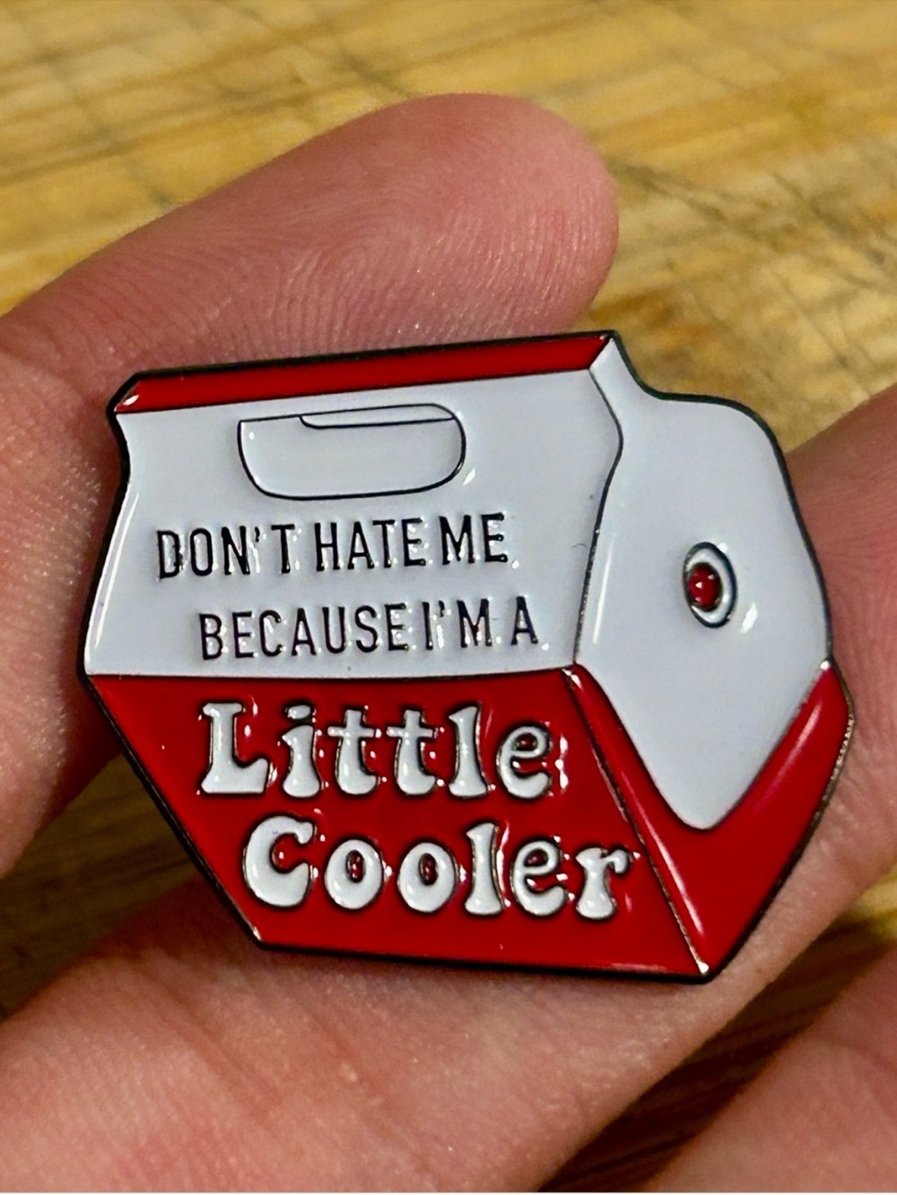 NEW “Don’t Hate Me Because I’m A Little Cooler” Enamel Pin Red Lunchbox Funny